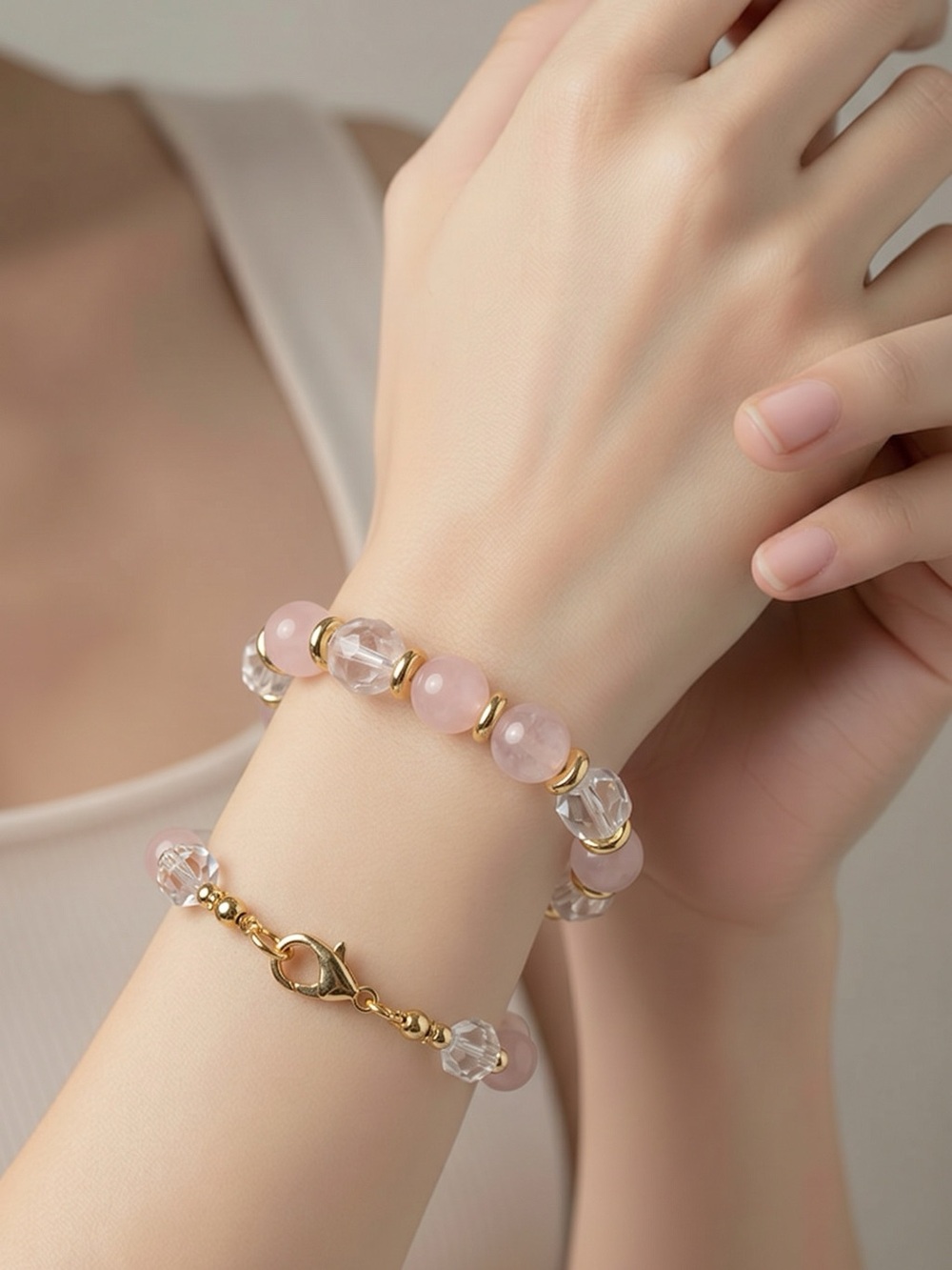 Rose Quartz & Crystal Bead Gold-Accent Bracelet Set